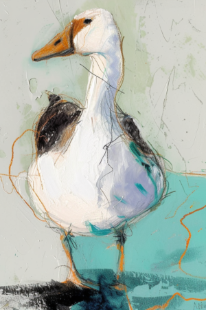 Cute white goose, digital artwork, kids room, inertial design