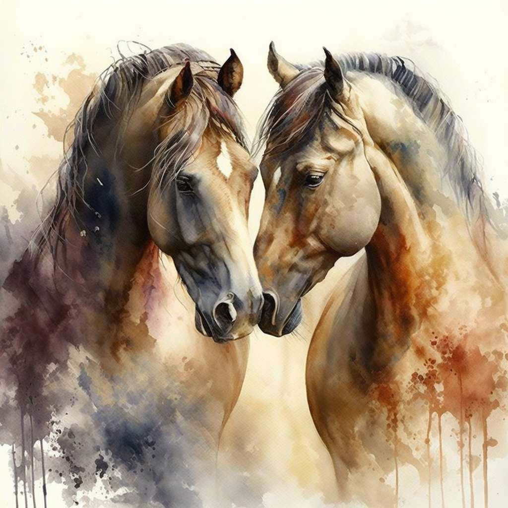Two horses on canvas watercolour painting