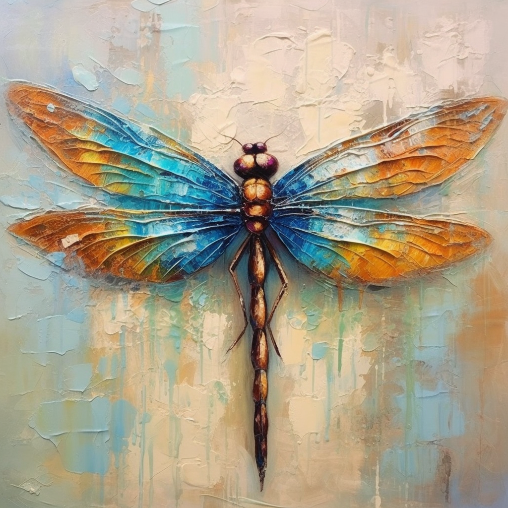 Colourful dragonfly on canvas, orange, navy and blue
