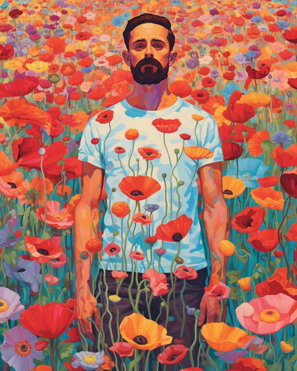 A man surrounded by poppies, Remembrance Day